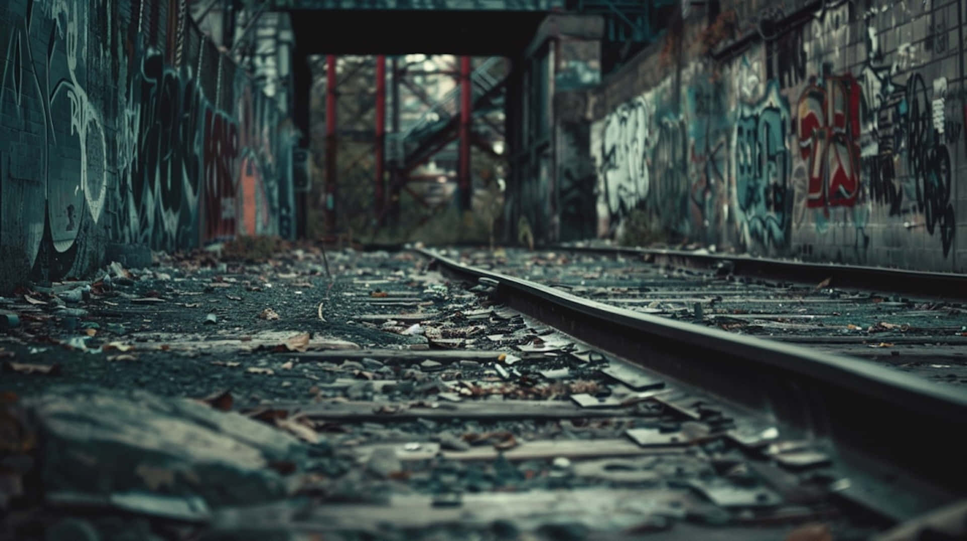 urban decay, railroad track, graffiti-covered bridge, Full HD Desktop Wallpaper