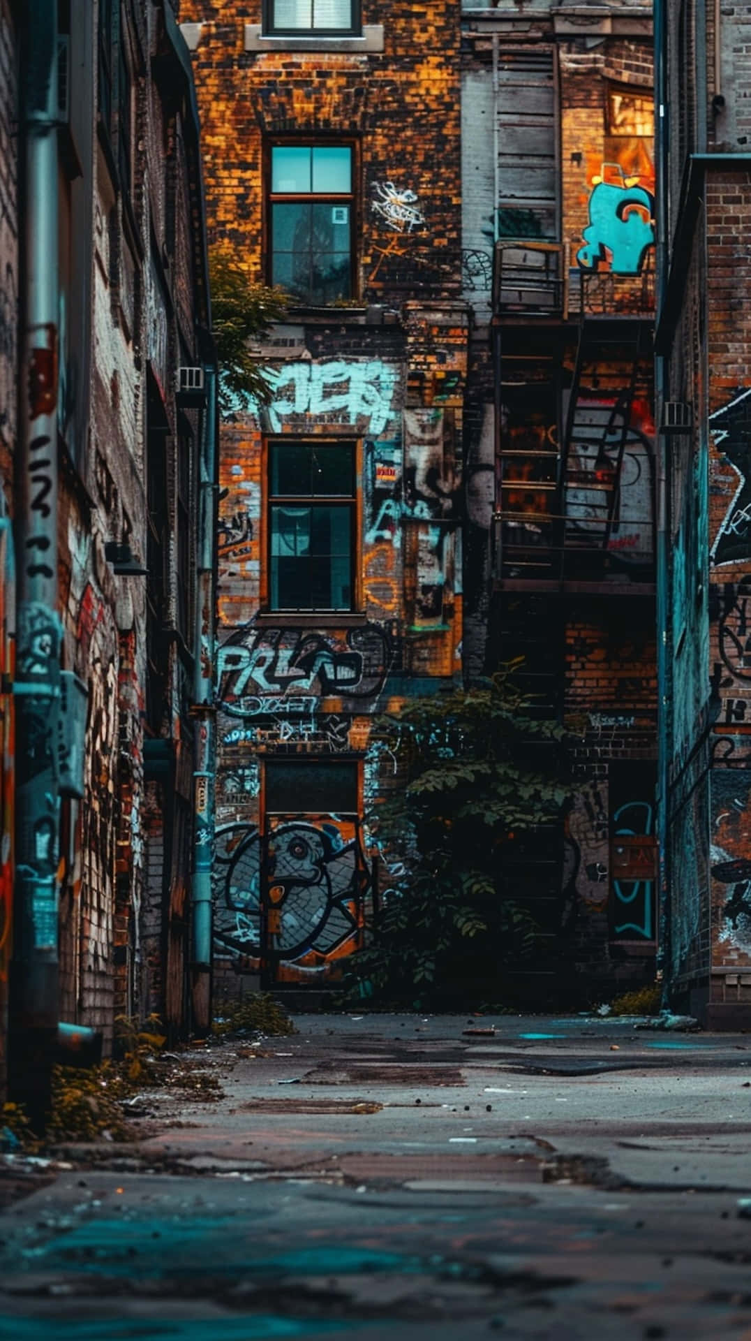 urban decay alleyway, weathered brick buildings, vibrant graffiti, Full HD Phone Wallpaper