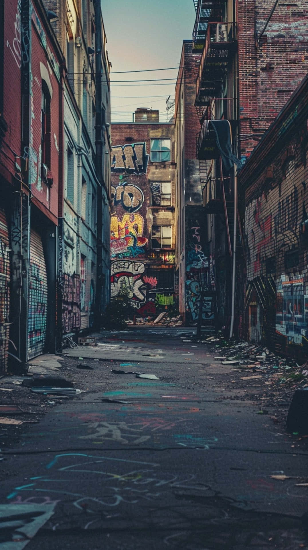 urban alleyway, brick buildings, colorful graffiti, Full HD Phone Wallpaper