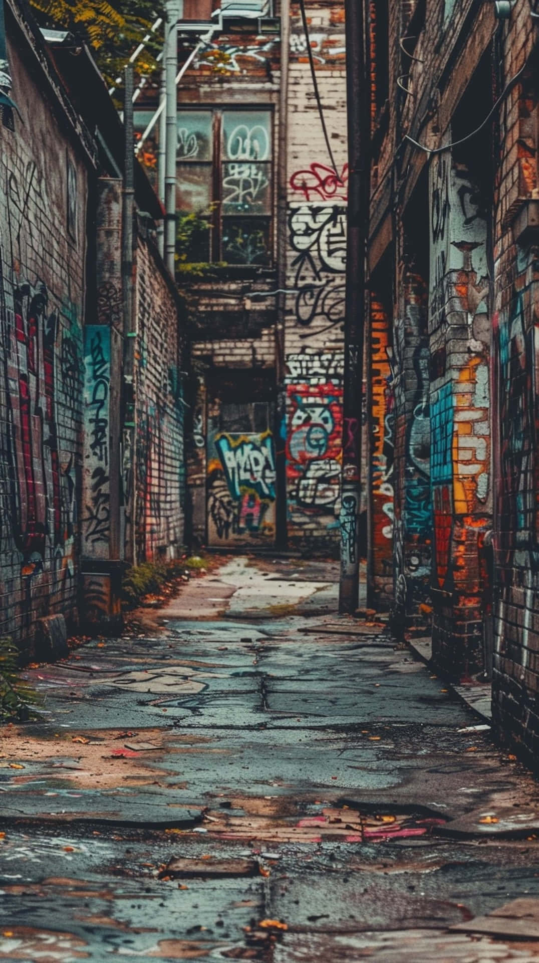 urban graffiti alleyway, brick buildings, colorful graffiti art, Full HD Phone Wallpaper