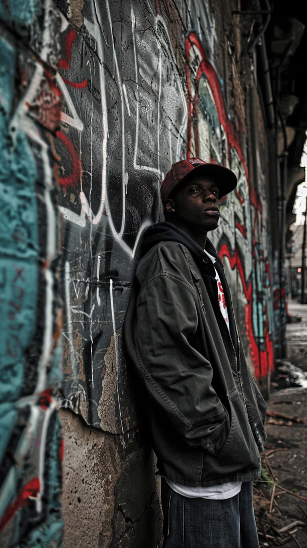 red cap, dark jacket, graffiti-covered wall, Full HD Phone Wallpaper