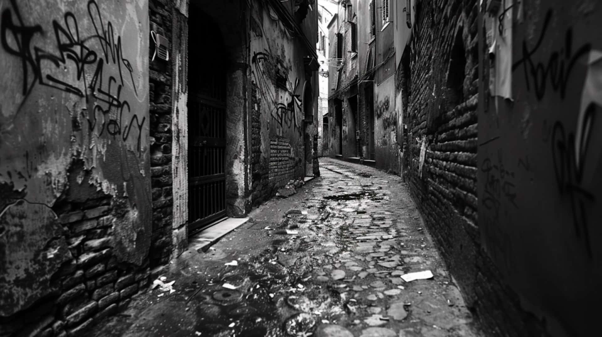 urban decay alleyway, cobblestone alleyway, graffiti-covered brick walls, Full HD Desktop Wallpaper