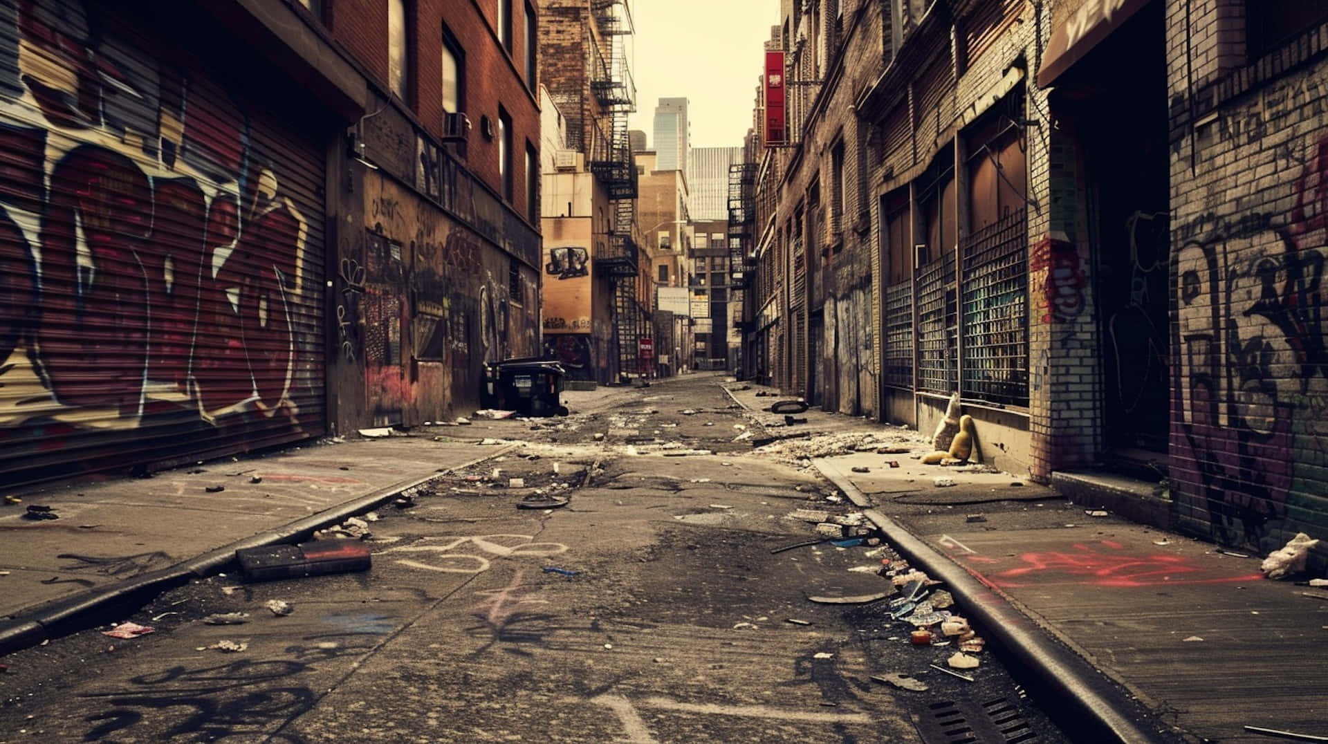 urban decay alleyway, graffiti covered brick buildings, littered with debris, Full HD Desktop Wallpaper