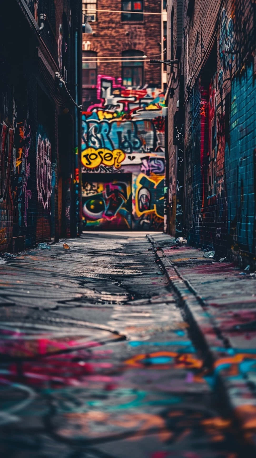 urban graffiti alley art, narrow alleyway, brick buildings, Full HD Phone Wallpaper