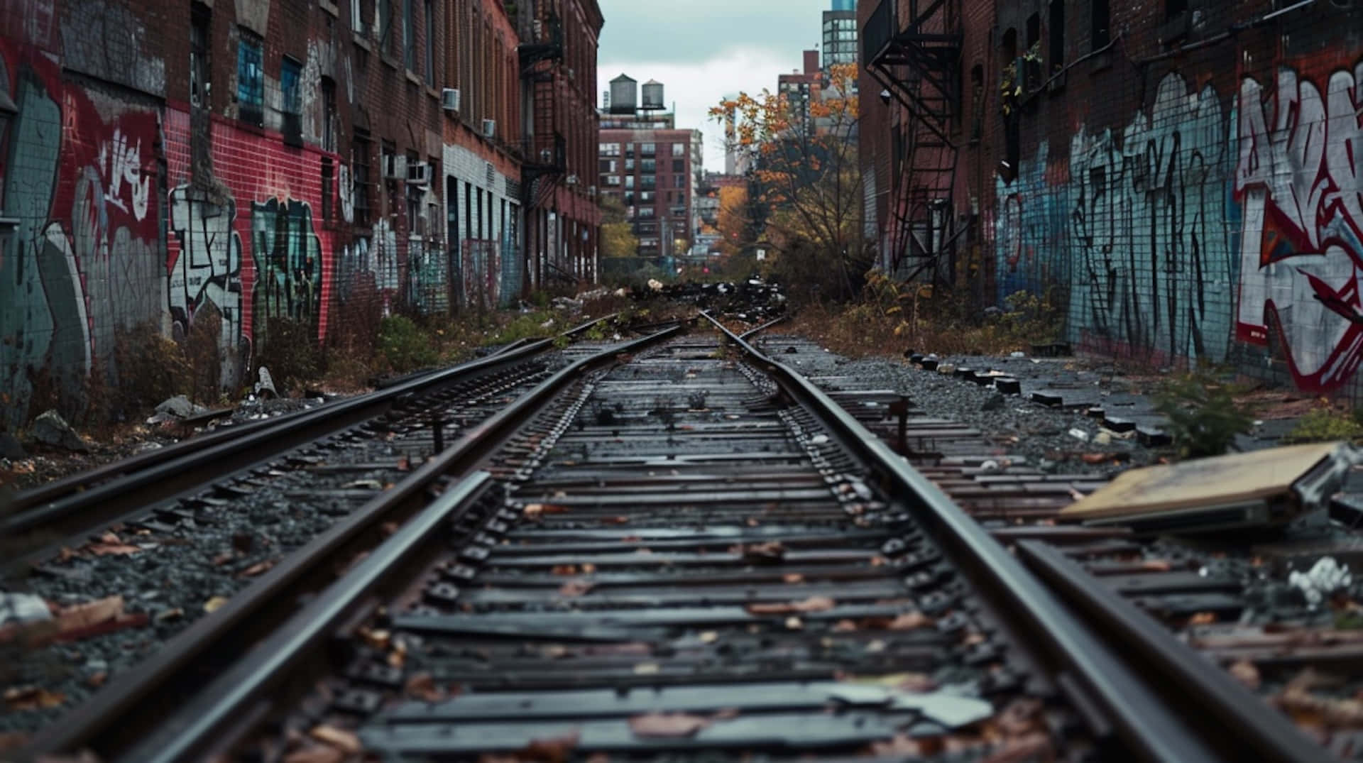 urban decay, railroad tracks, graffiti-covered urban alley, Full HD Desktop Wallpaper