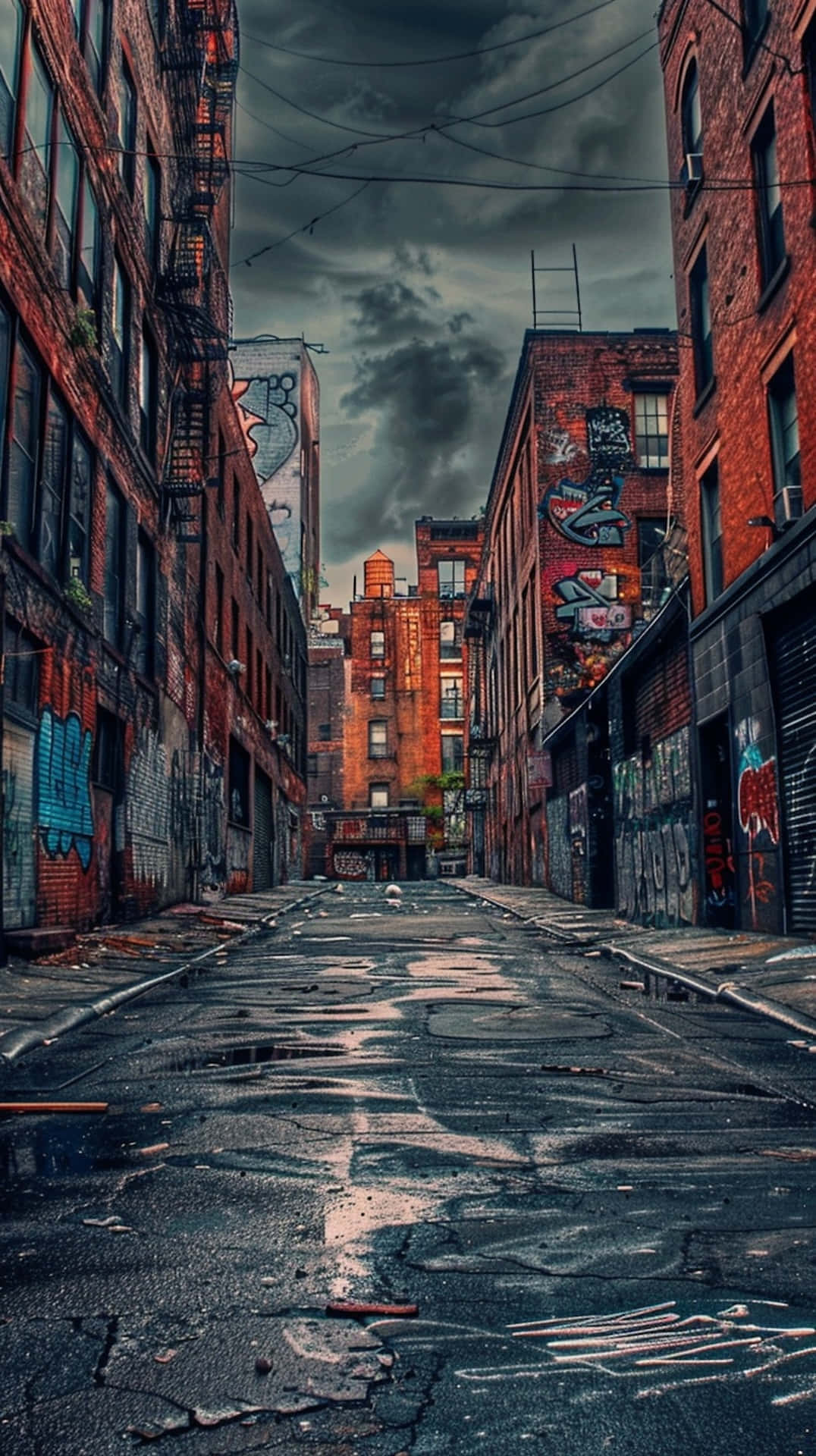 urban decay alleyway, rain-slicked alley, weathered brick buildings, Full HD Phone Wallpaper