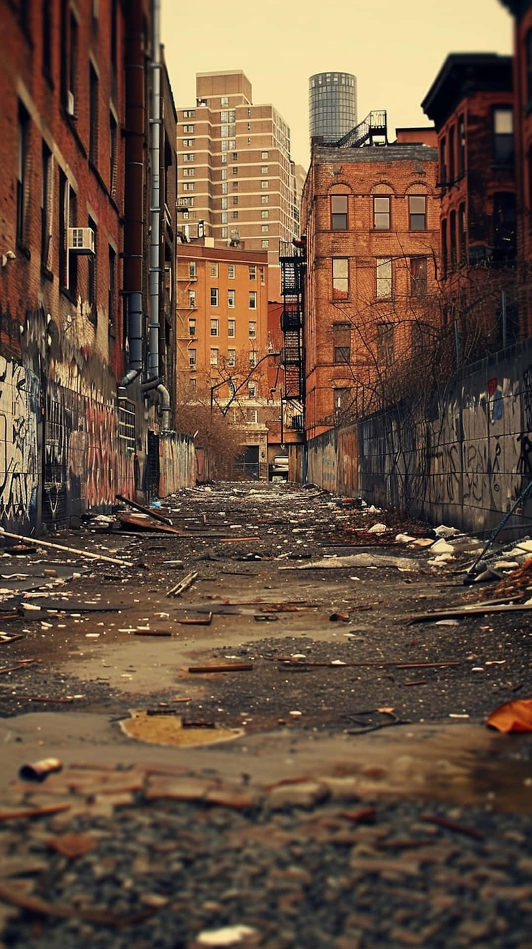 urban decay alleyway, brick buildings, debris, Full HD Phone Wallpaper