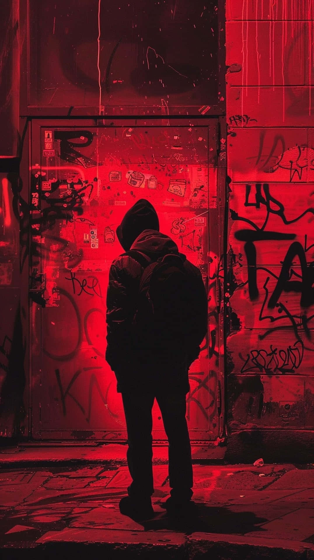 hooded figure, rain soaked alleyway, intense red light, Full HD Phone Wallpaper