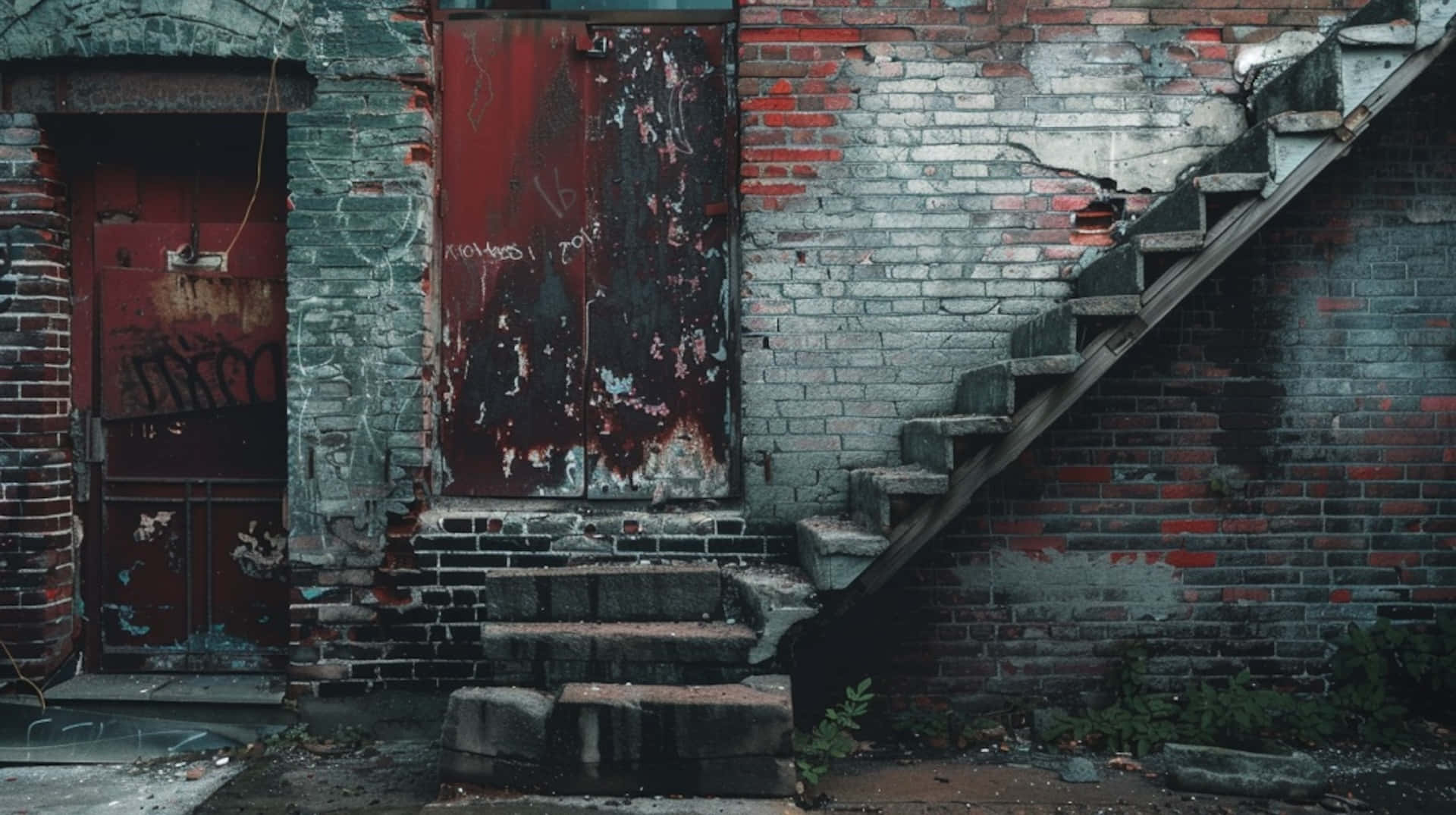urban decay, dilapidated building entrance, weathered red door, Full HD Desktop Wallpaper