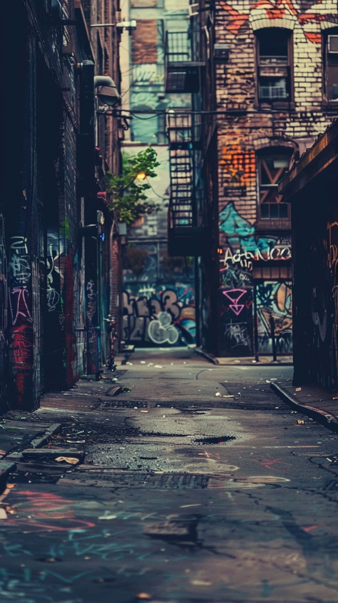urban alley, brick walls, colorful graffiti, Full HD Phone Wallpaper