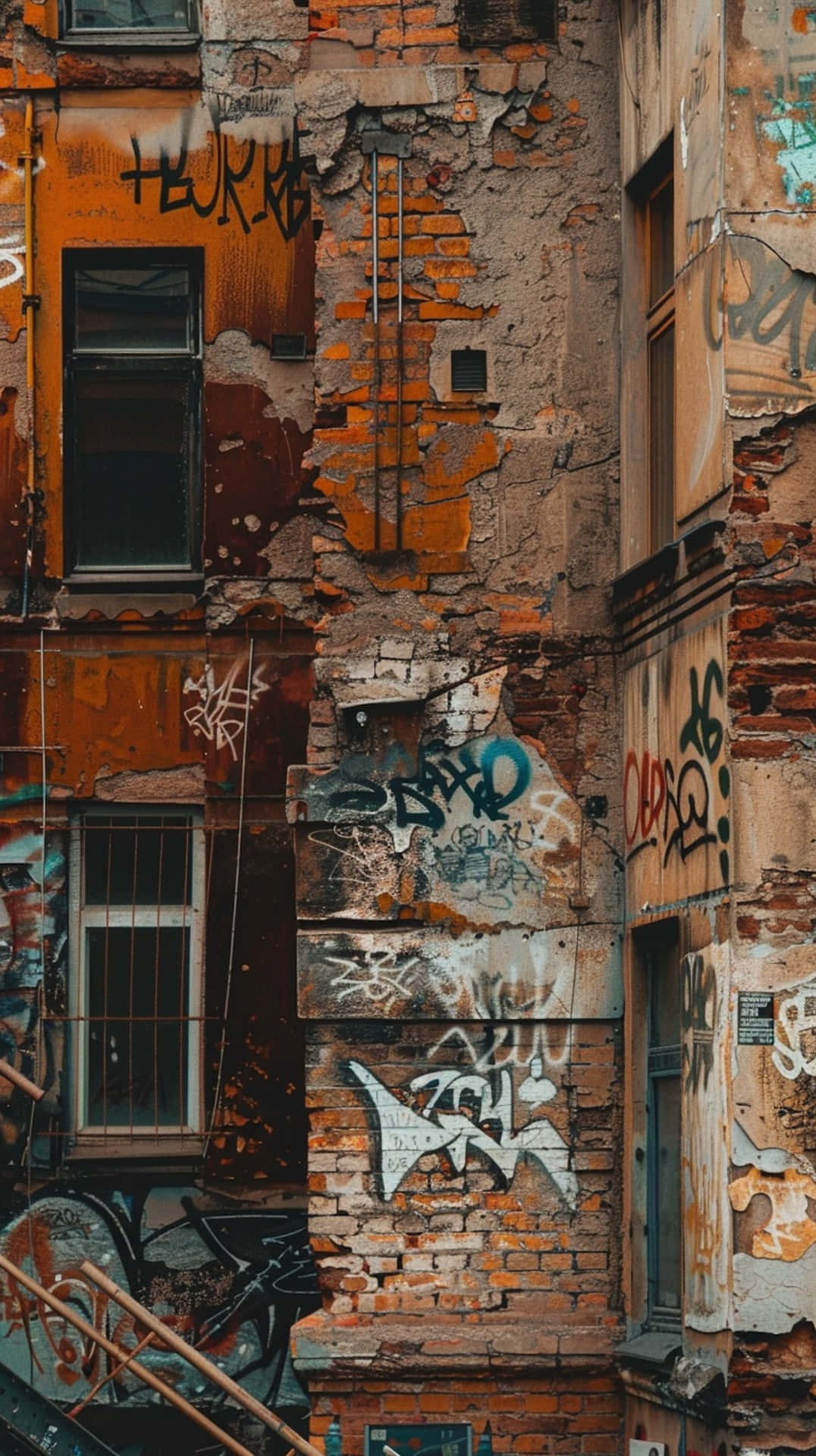 urban alleyway, weathered brick wall, peeling orange paint, Full HD Phone Wallpaper