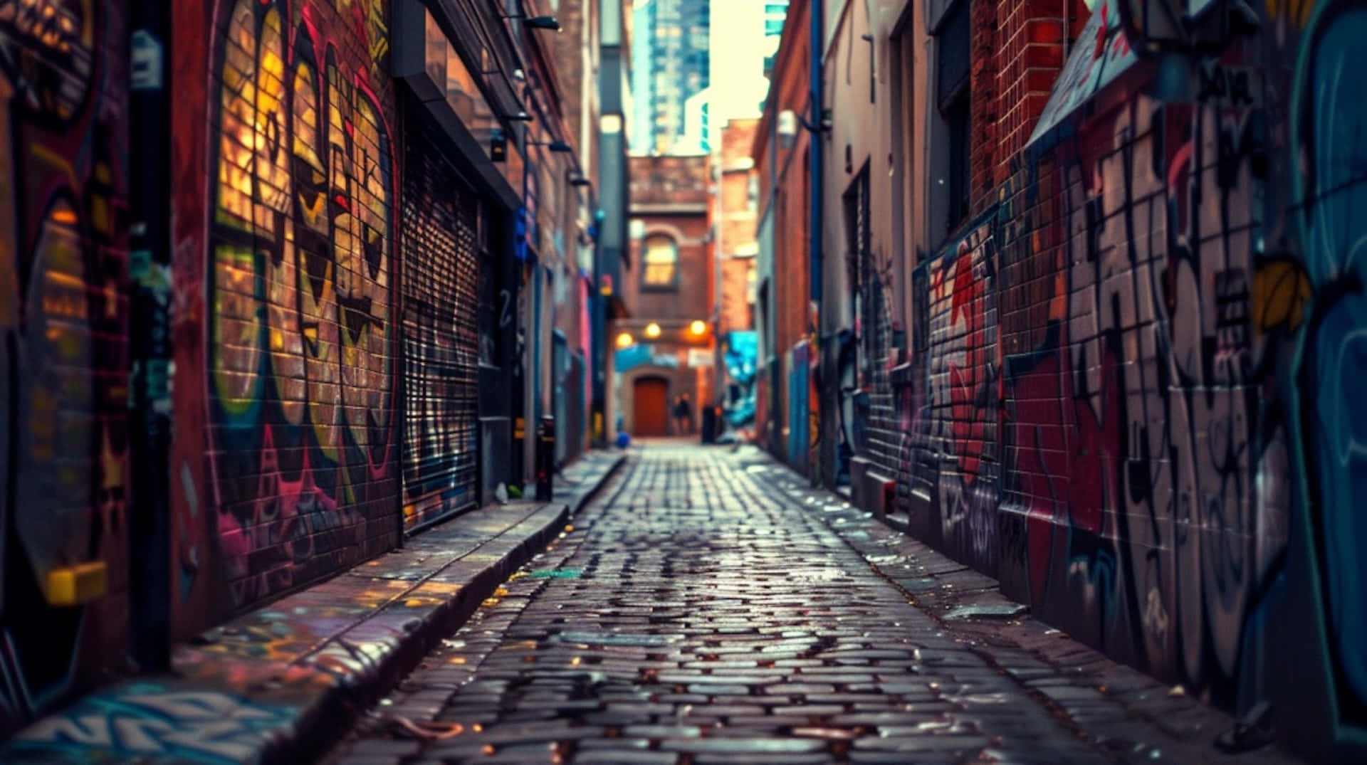 urban graffiti alleyway, cobblestone alleyway, vibrant graffiti-covered brick walls, Full HD Desktop Wallpaper