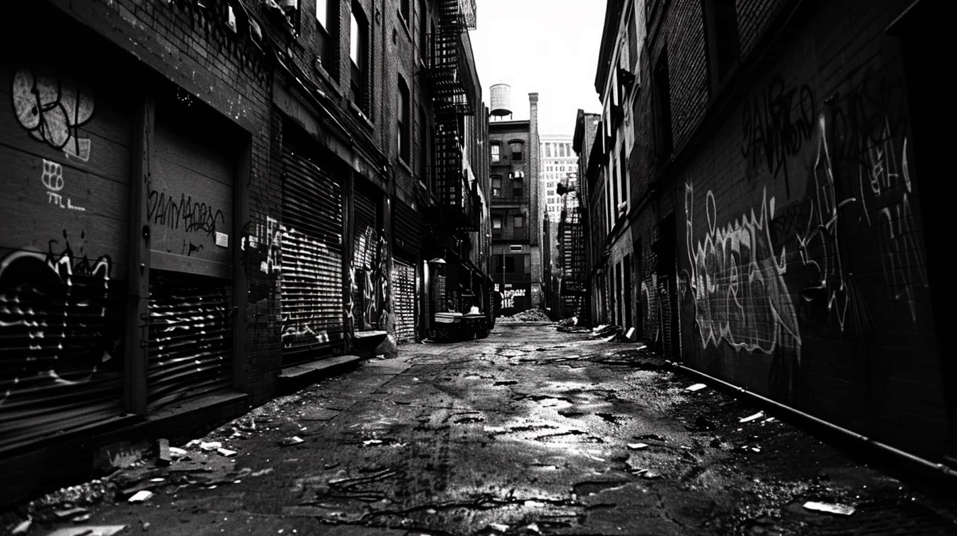 urban decay alleyway, black and white, brick buildings, Full HD Desktop Wallpaper
