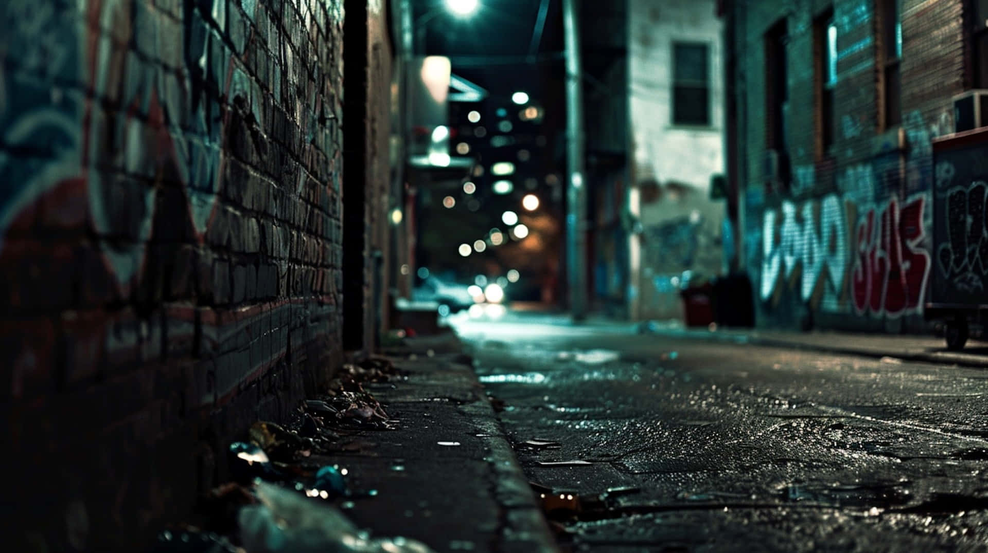 urban alleyway, night, graffiti, Full HD Desktop Wallpaper