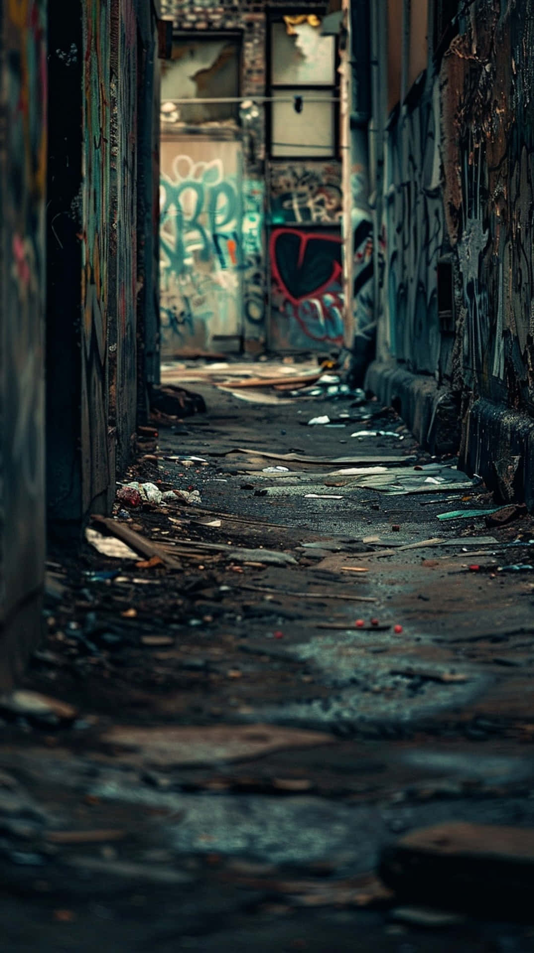 urban decay alley, graffiti, narrow alleyway, Full HD Phone Wallpaper
