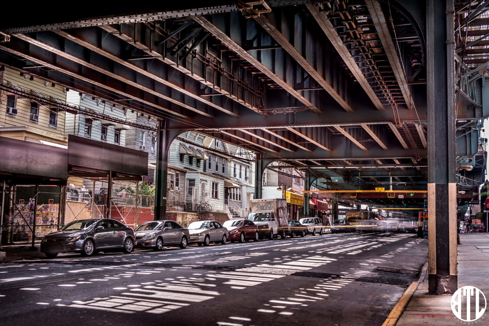 Sunlight, elevated train track, geometric shadows, HD Desktop Wallpaper