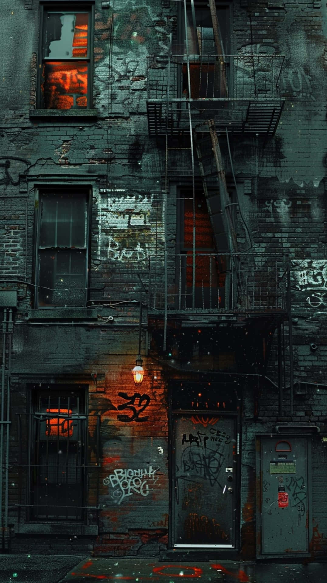 urban decay, nighttime scene, rain-slicked urban brick building, Full HD Phone Wallpaper