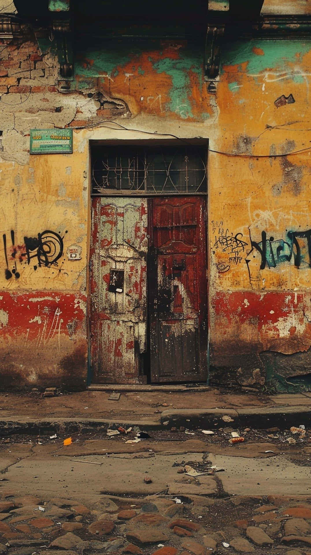 red door, peeling paint, graffiti, Full HD Phone Wallpaper