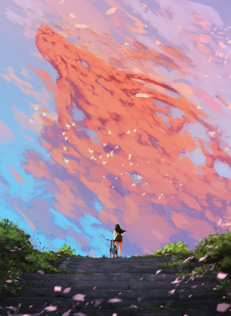 Aesthetic Ghibli, surreal sky, swirling pink and blue clouds, SD Phone Wallpaper