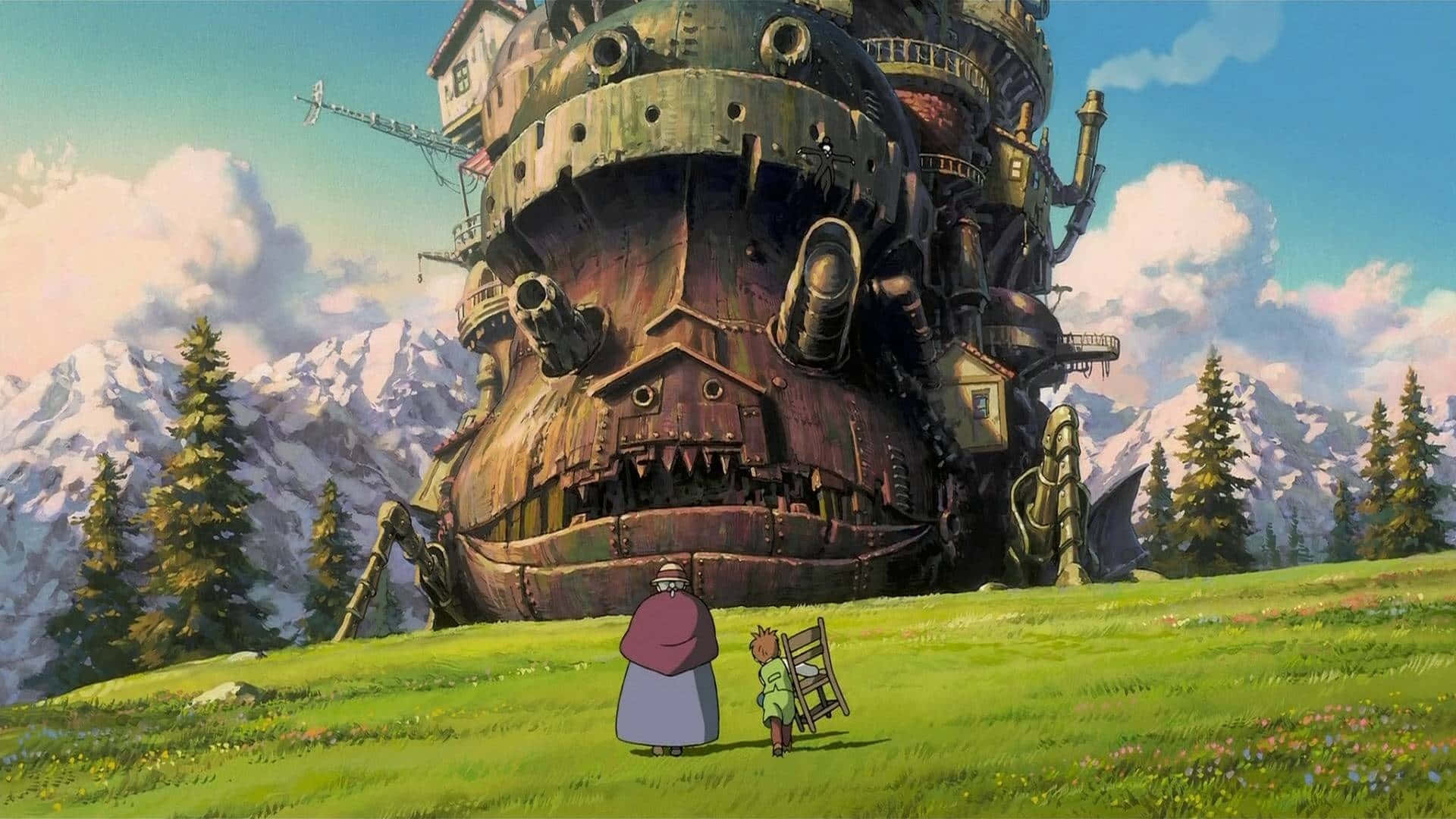 Ghibli, vibrant green meadow, colossal rusted airship with a face, Full HD Desktop Wallpaper