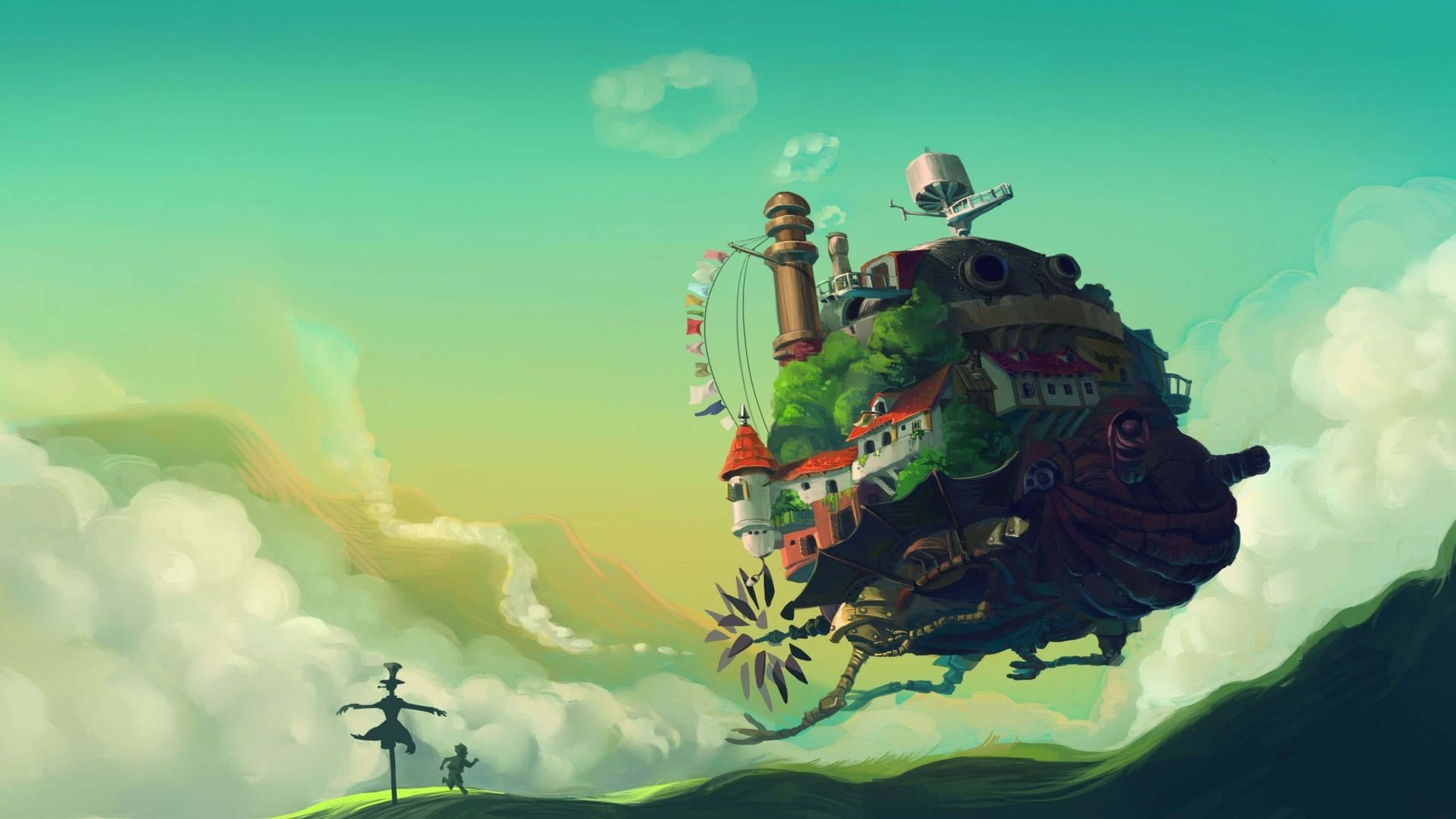 Studio Ghibli, floating island village, red-roofed houses, 4K Desktop Wallpaper