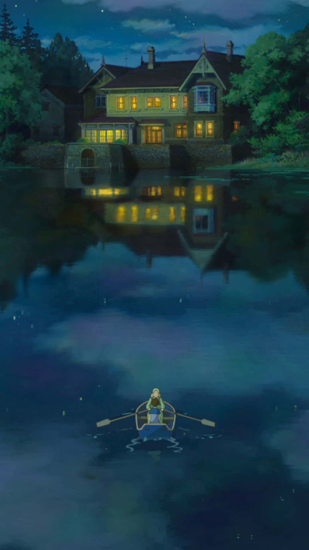 Studio Ghibli, starlit lake, lone rower, Full HD Phone Wallpaper