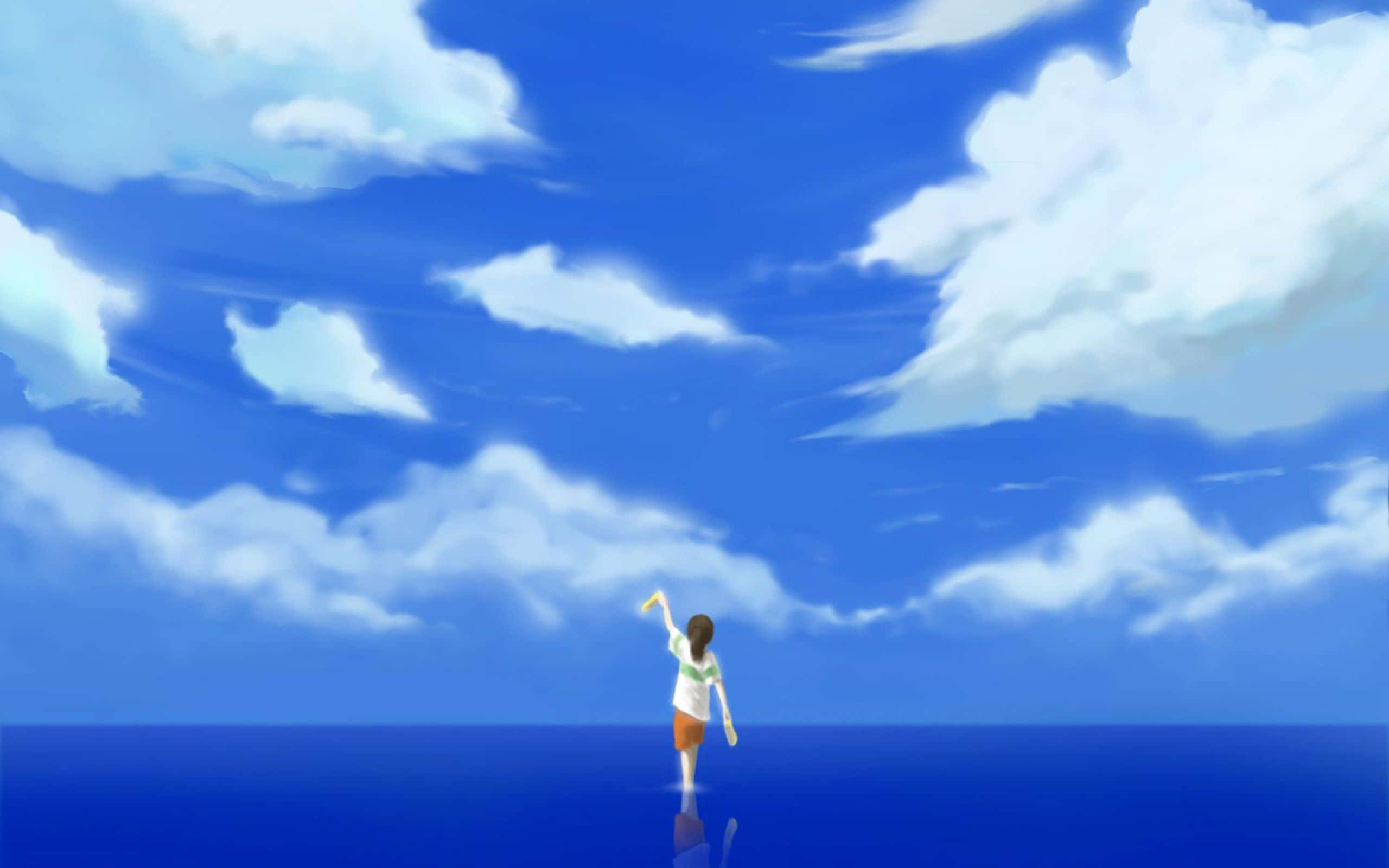 Aesthetic Ghibli, anime girl, reflective blue surface, 2K Desktop Wallpaper