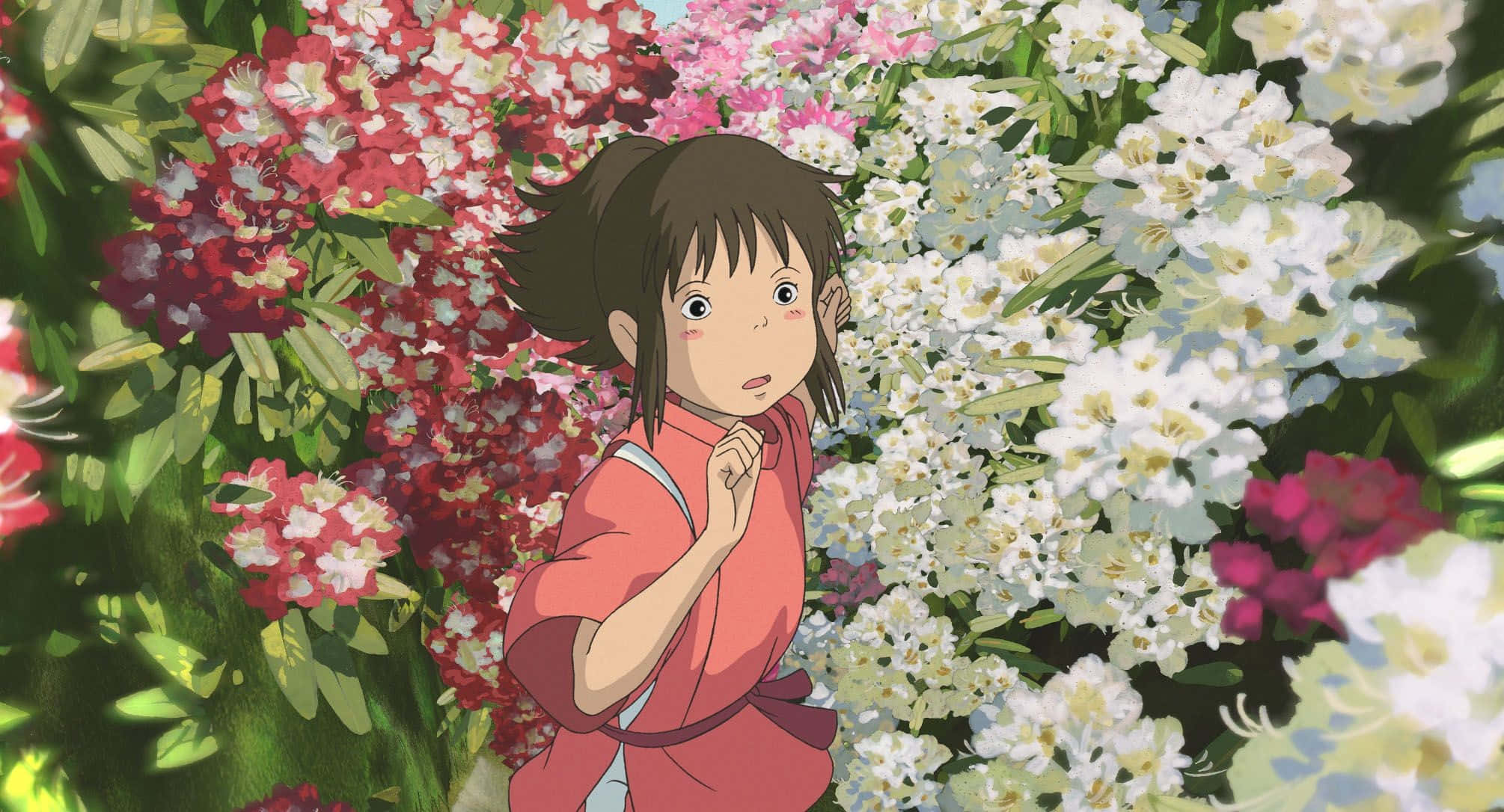 Ghibli Girl, red kimono, vibrant garden, Full HD Desktop Wallpaper