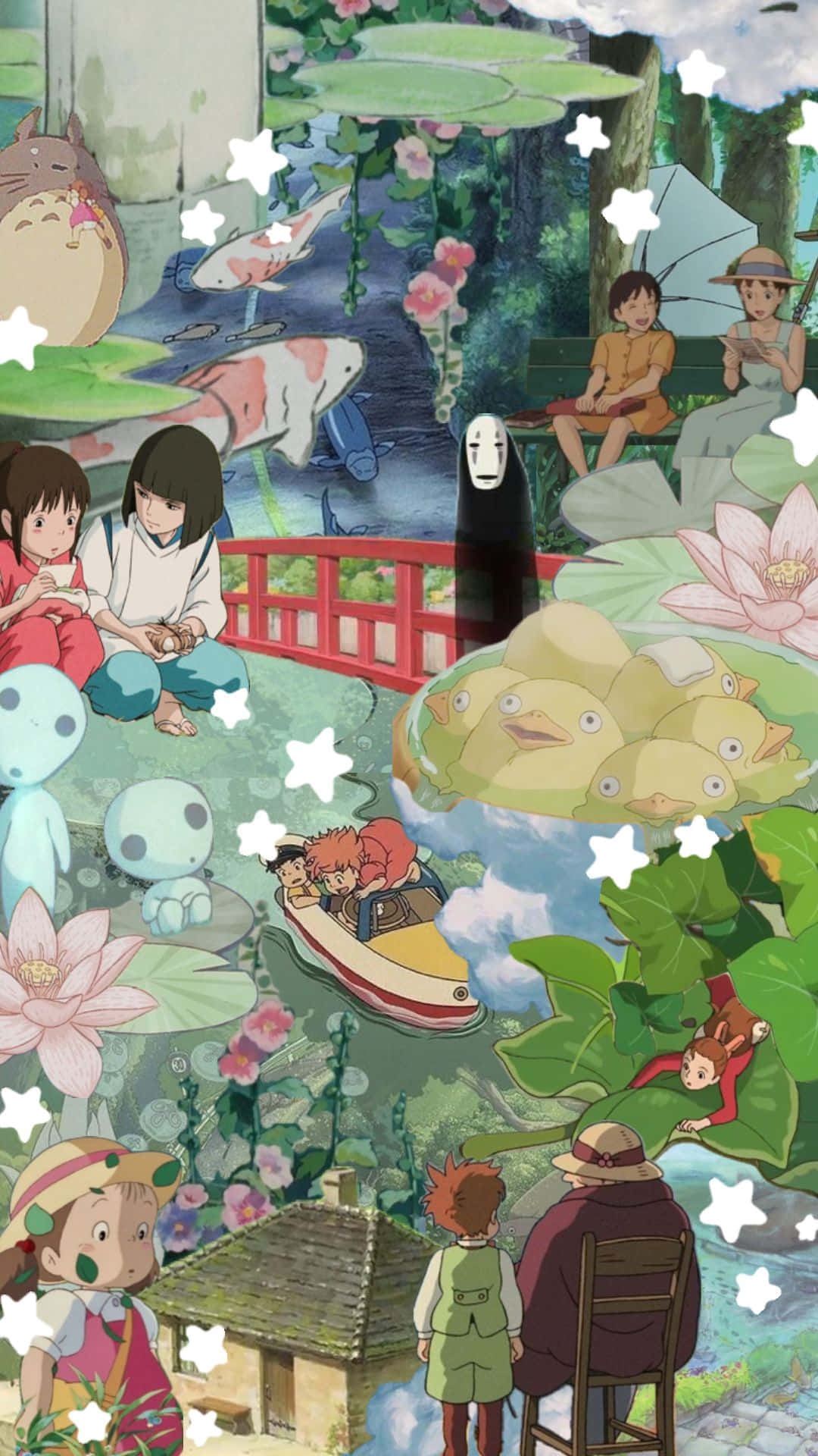 Studio Ghibli, koi fish, lotus flowers, Full HD Phone Wallpaper