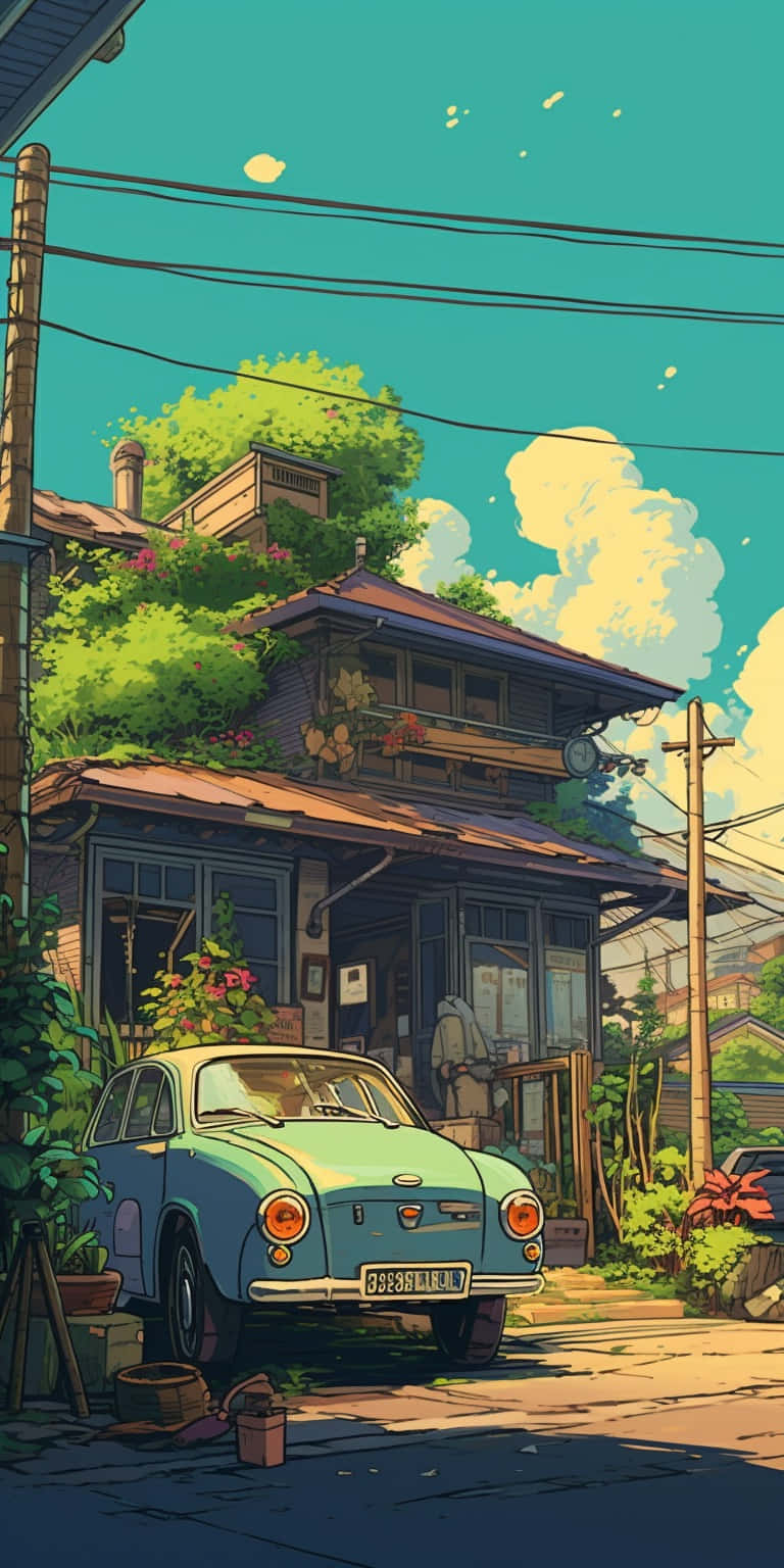 vintage teal car, rustic wooden house, overgrown with greenery, HD Phone Wallpaper