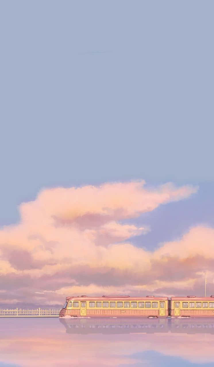 vintage yellow train, pink and blue reflective surface, soft pastel clouds, HD Phone Wallpaper