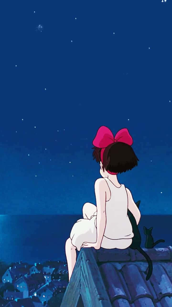 Ghibli Aesthetic, young girl with a red bow, rooftop at night, HD Phone Wallpaper