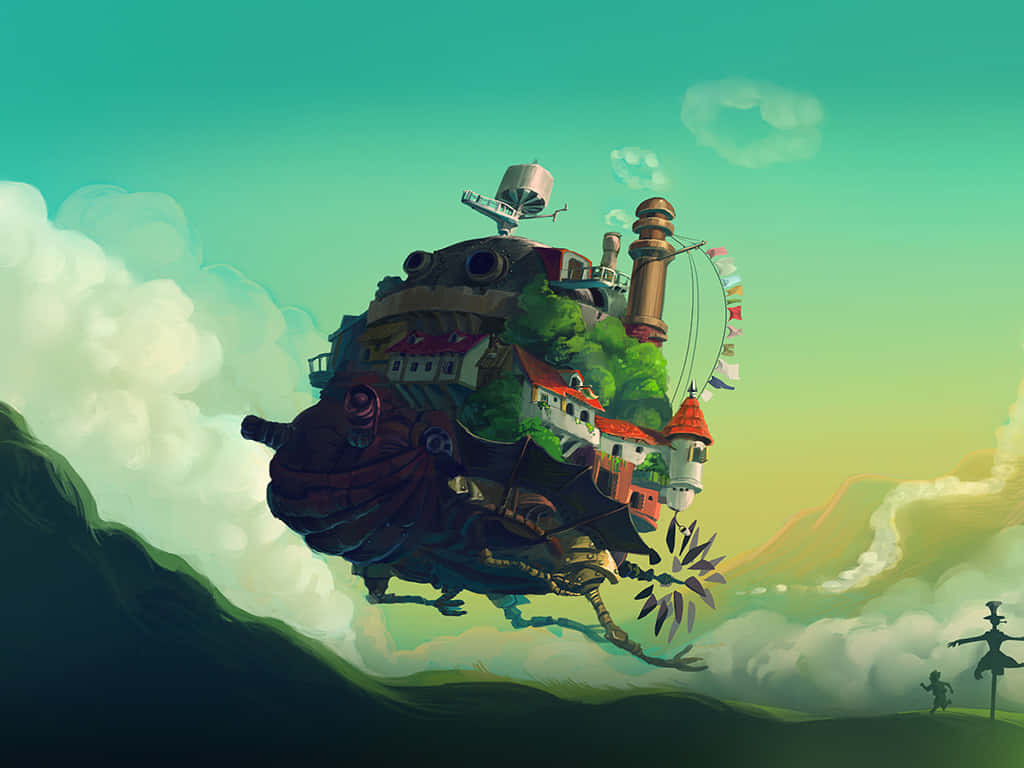 whimsical floating island village, red roofs, greenery, SD Desktop Wallpaper