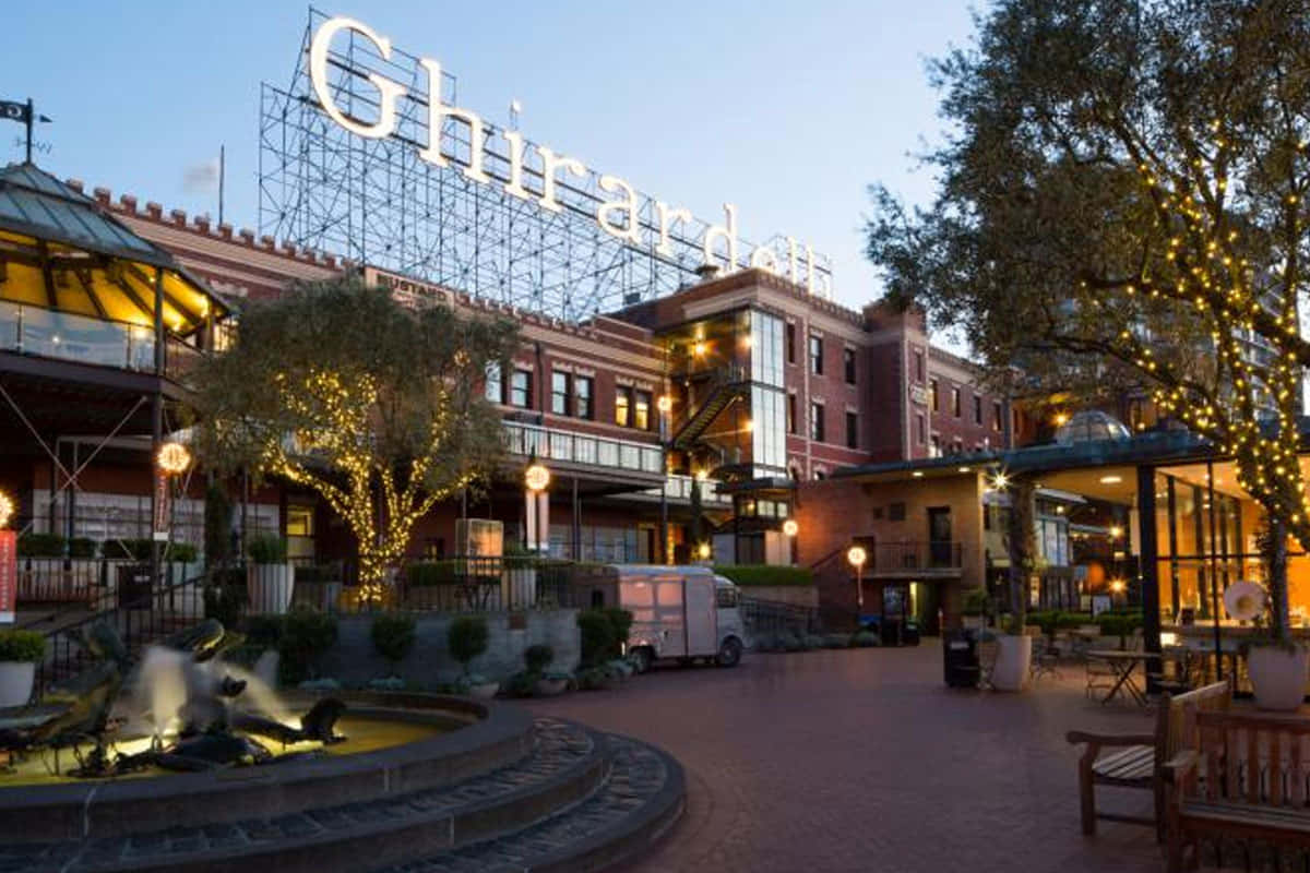 Ghiradelli Square, dusk, glowing string lights, SD Desktop Wallpaper