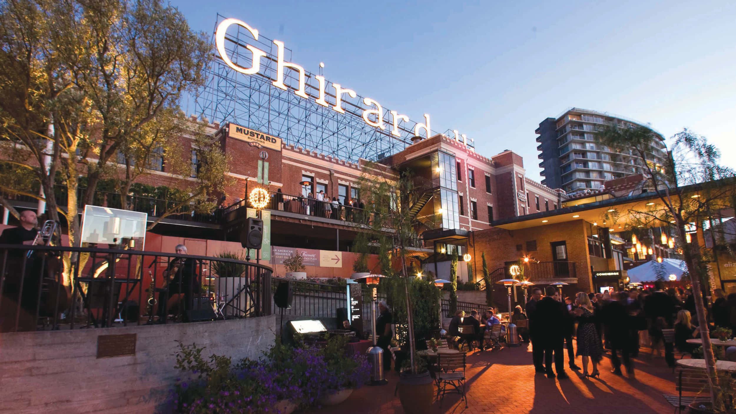 Ghiradelli Square, blue afternoon sky, glowing string lights, Full HD Desktop Wallpaper