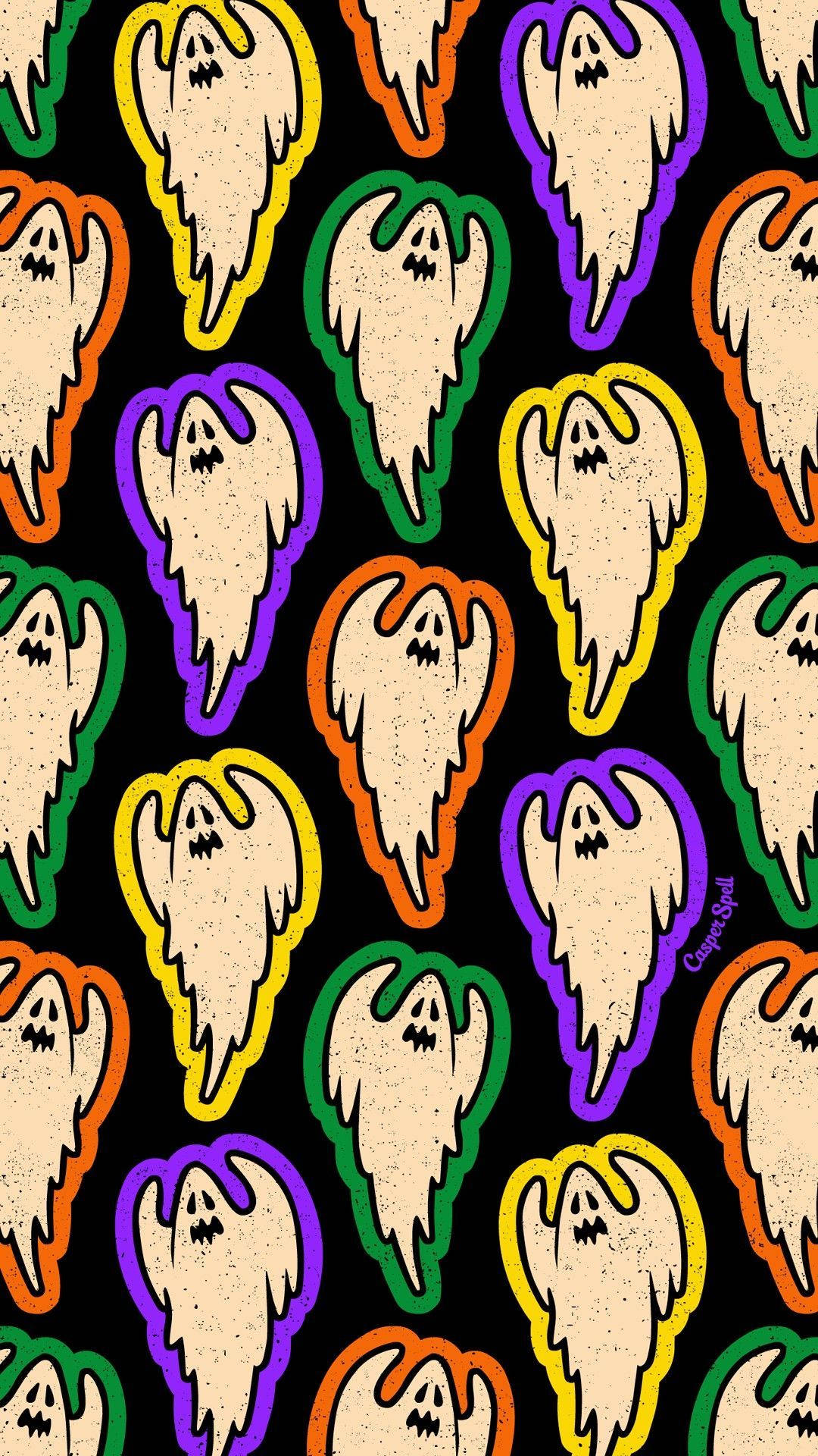 colorful ghost aesthetic pattern, vibrant cartoon ghosts, jagged outlines, Full HD Phone Wallpaper