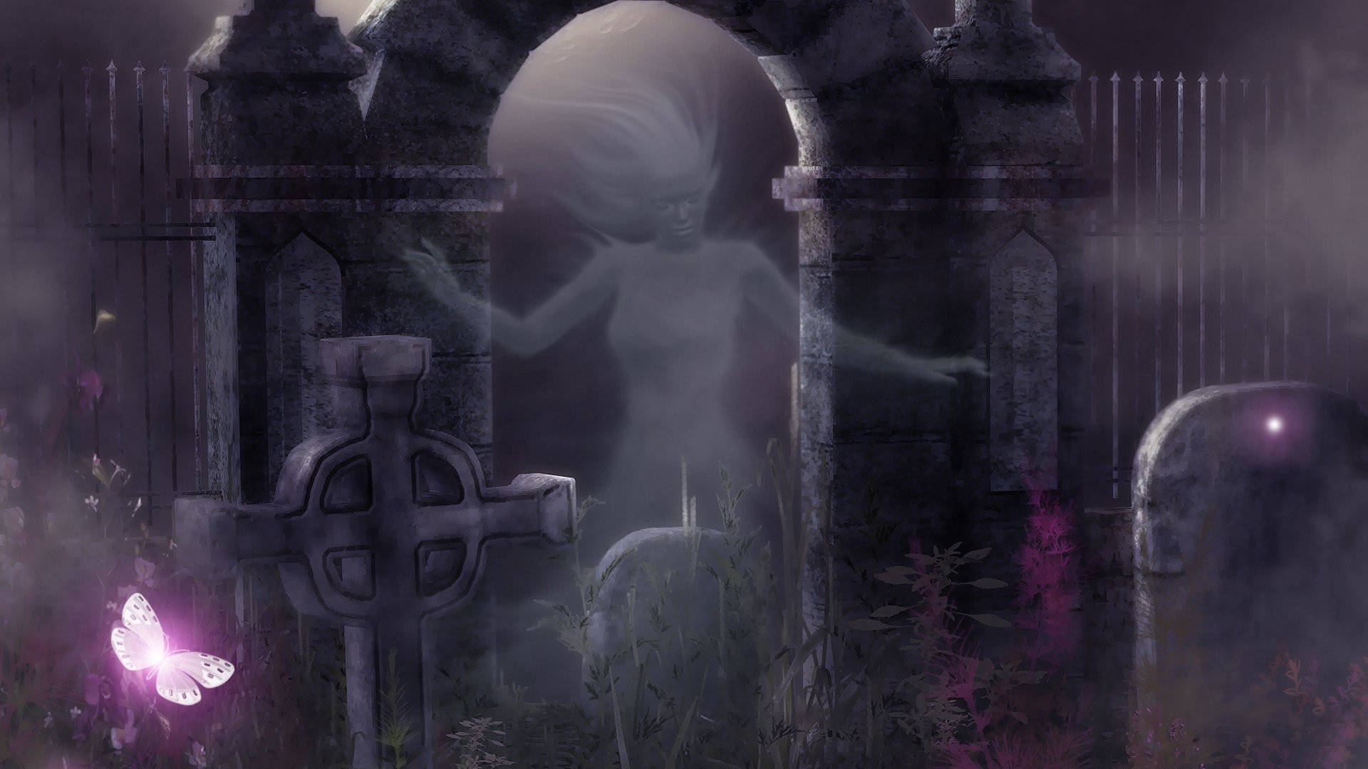 Ghost Aesthetic, haunted cemetery, ghostly woman, Full HD Desktop Wallpaper