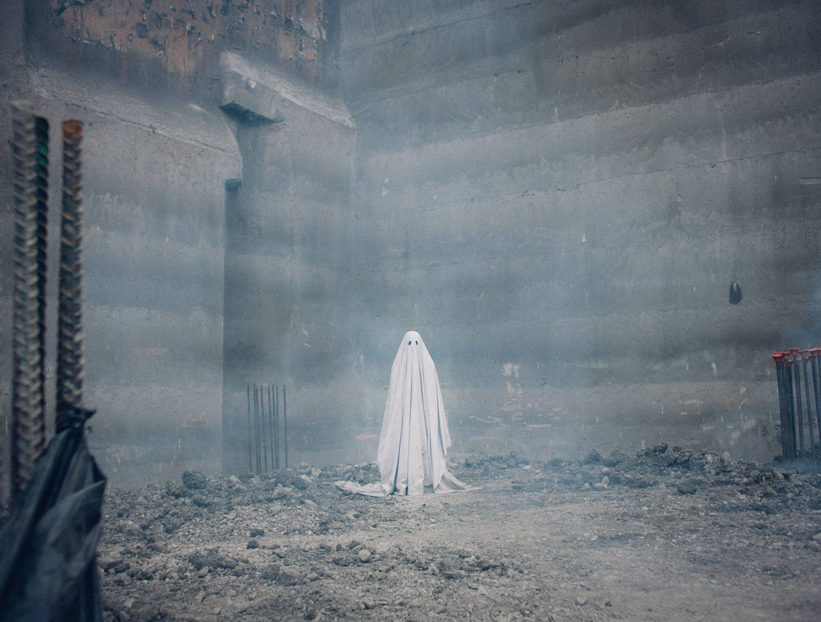 ghostly white figure, smoky abandoned concrete construction site, exposed rebar, 2K Desktop Wallpaper