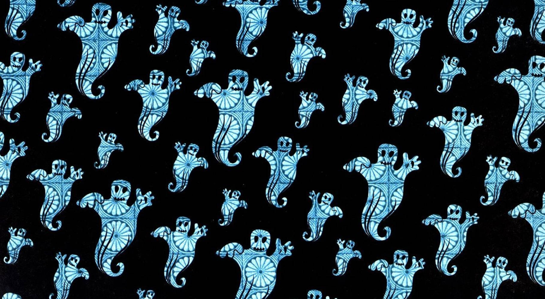 blue ghost aesthetic pattern, stylized blue ghosts, intricate geometric designs, HD Desktop Wallpaper