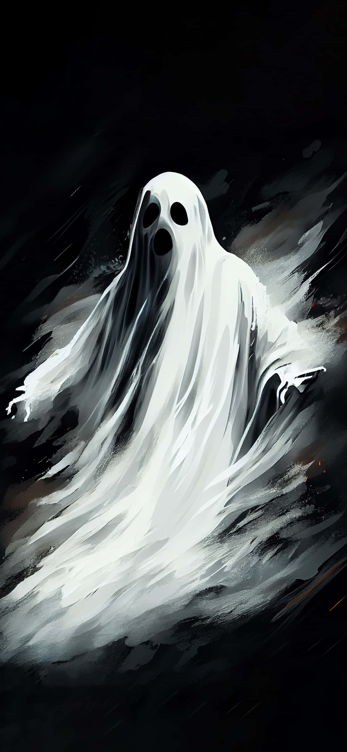 Ethereal Ghost Artwork, white ghost, black eye holes, 2K Phone Wallpaper