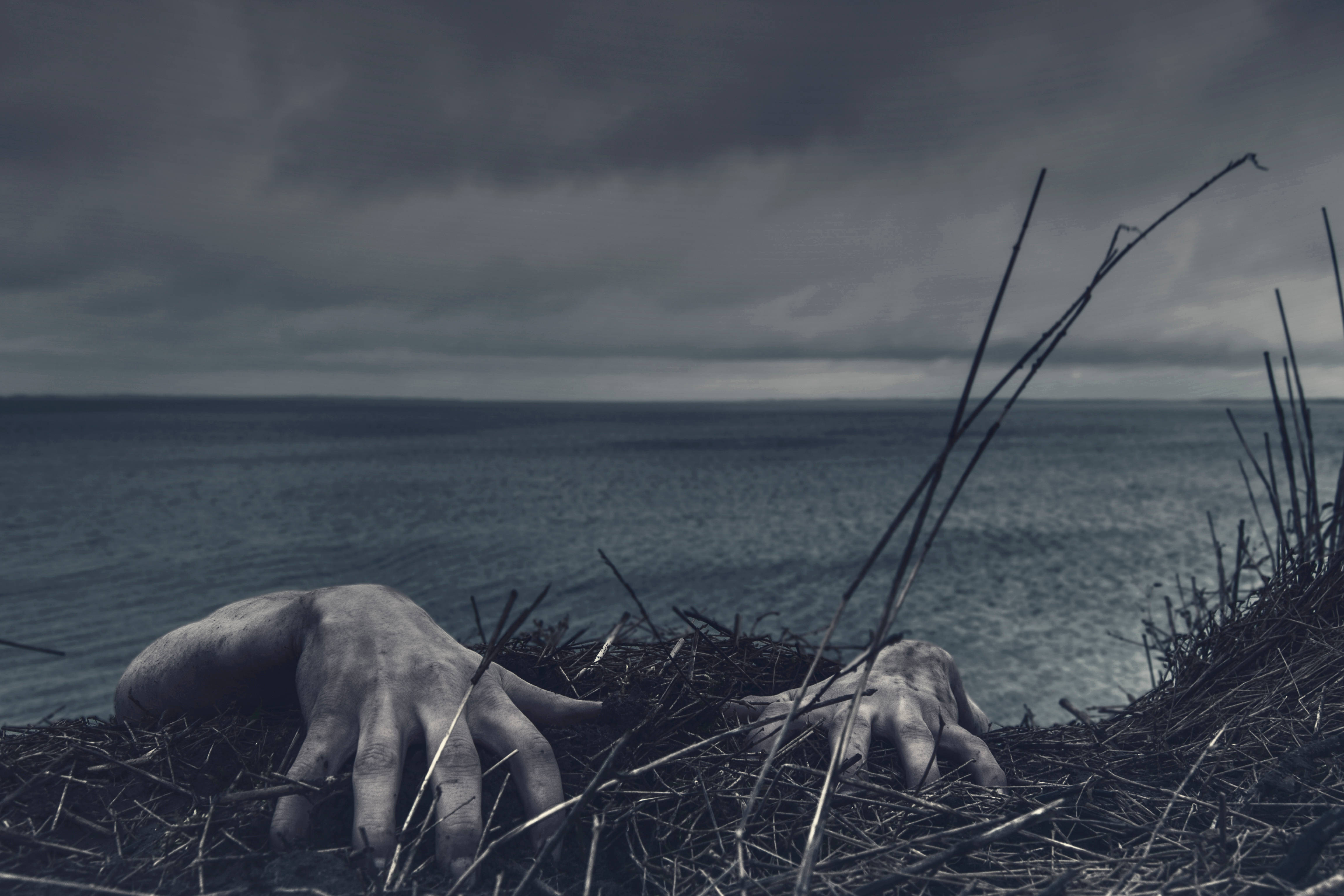ghost hands, dark grass, stormy sea, 4K Desktop Wallpaper