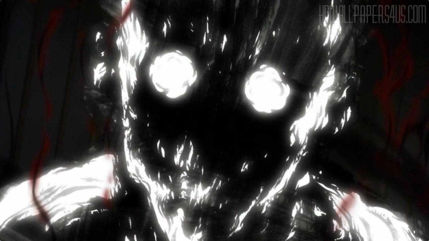 Dark Anime Ghost, glowing white eyes, jagged black-and-white features, HD Desktop Wallpaper