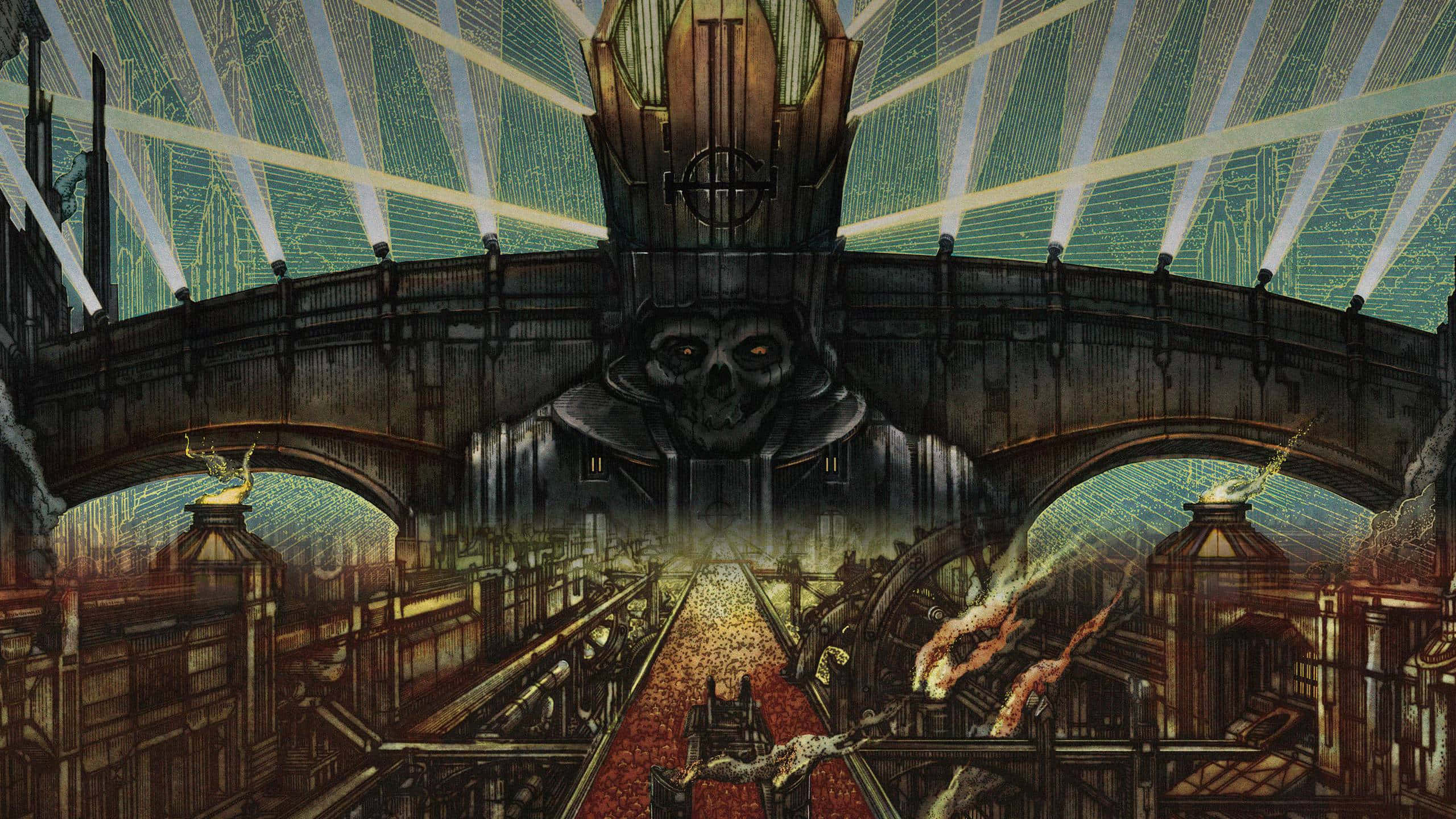 Ghost Band, skull-faced machine, decaying industrial cityscape, 2K Desktop Wallpaper