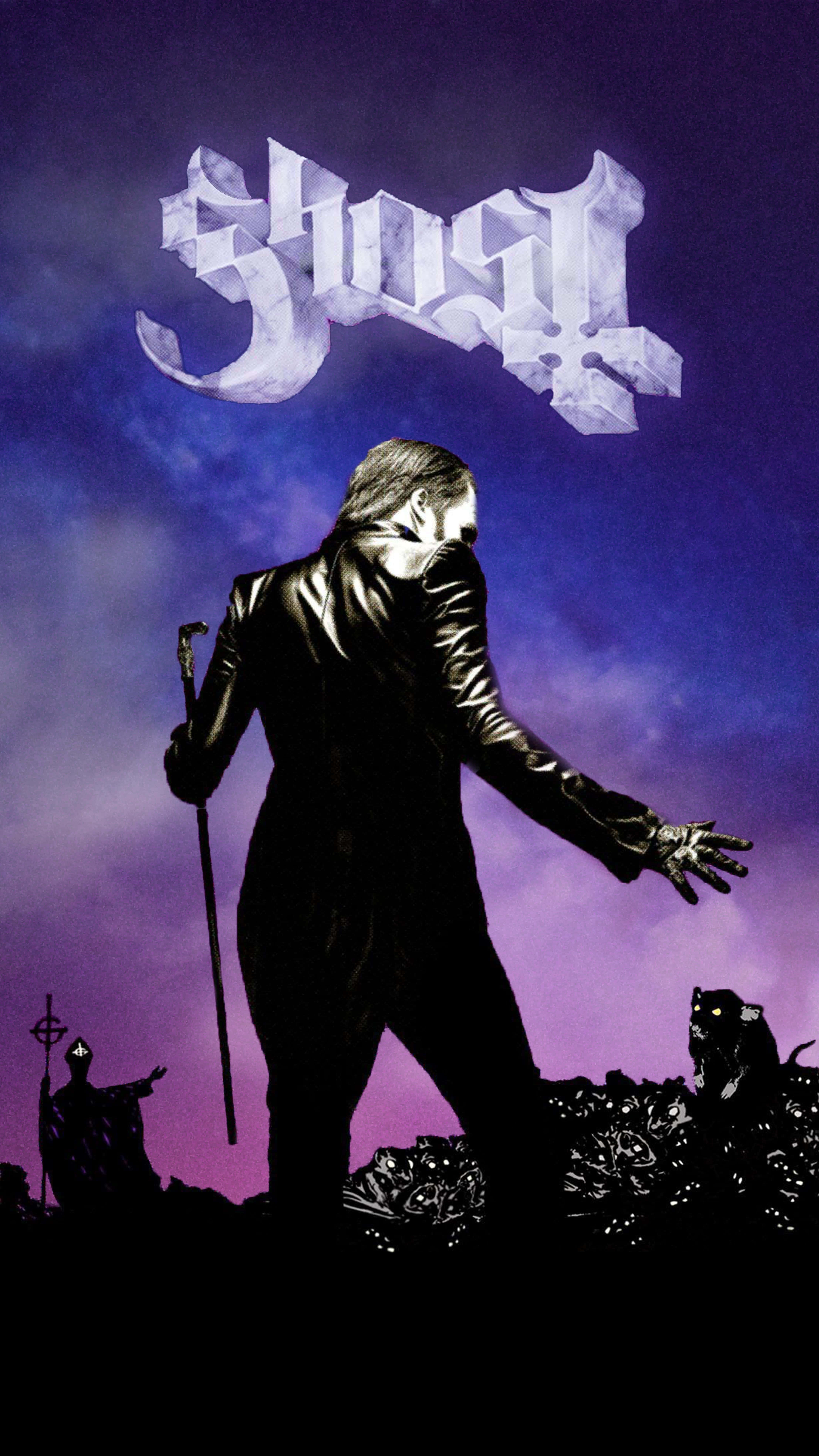 Ghost Band, black leather, purple twilight sky, 8K Phone Wallpaper