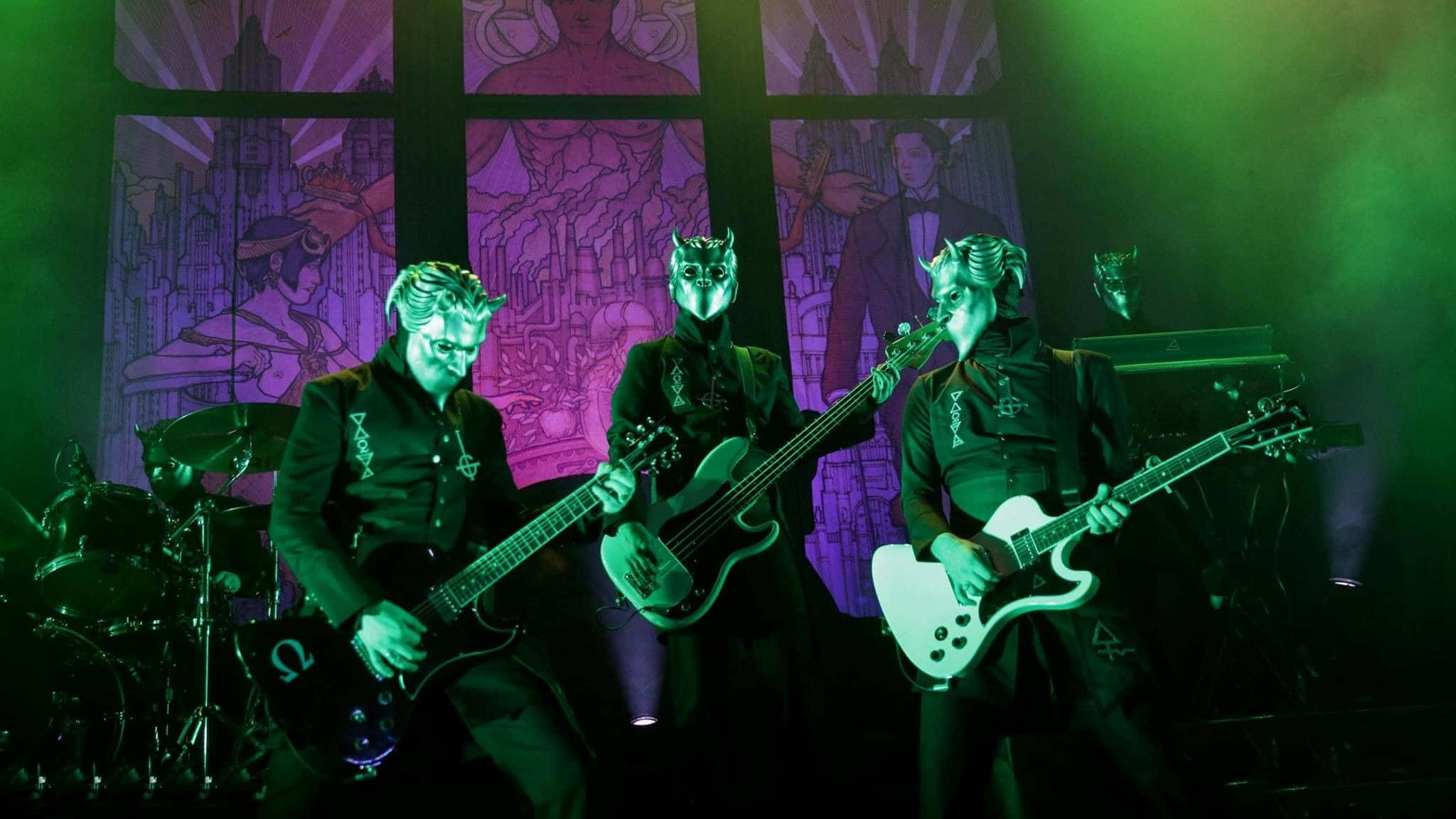 Ghost Band, black suits, green stage lights, Full HD Desktop Wallpaper