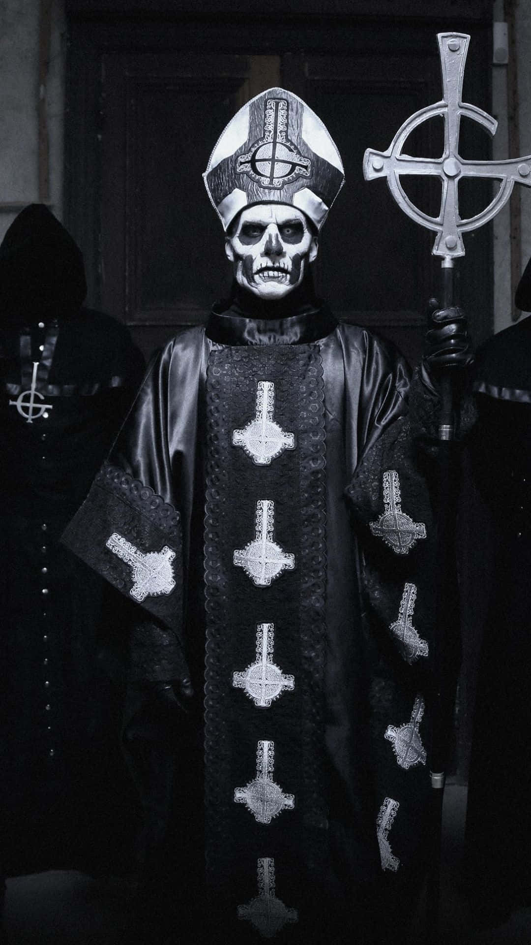 Ghost Band, skeletal figure, ornate black and silver religious robes, Full HD Phone Wallpaper