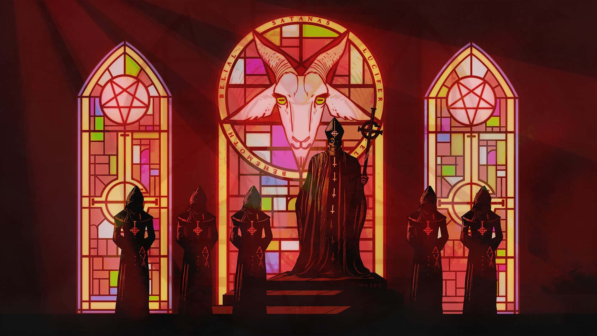 Ghost Band, goat head throne, hooded followers, Full HD Desktop Wallpaper