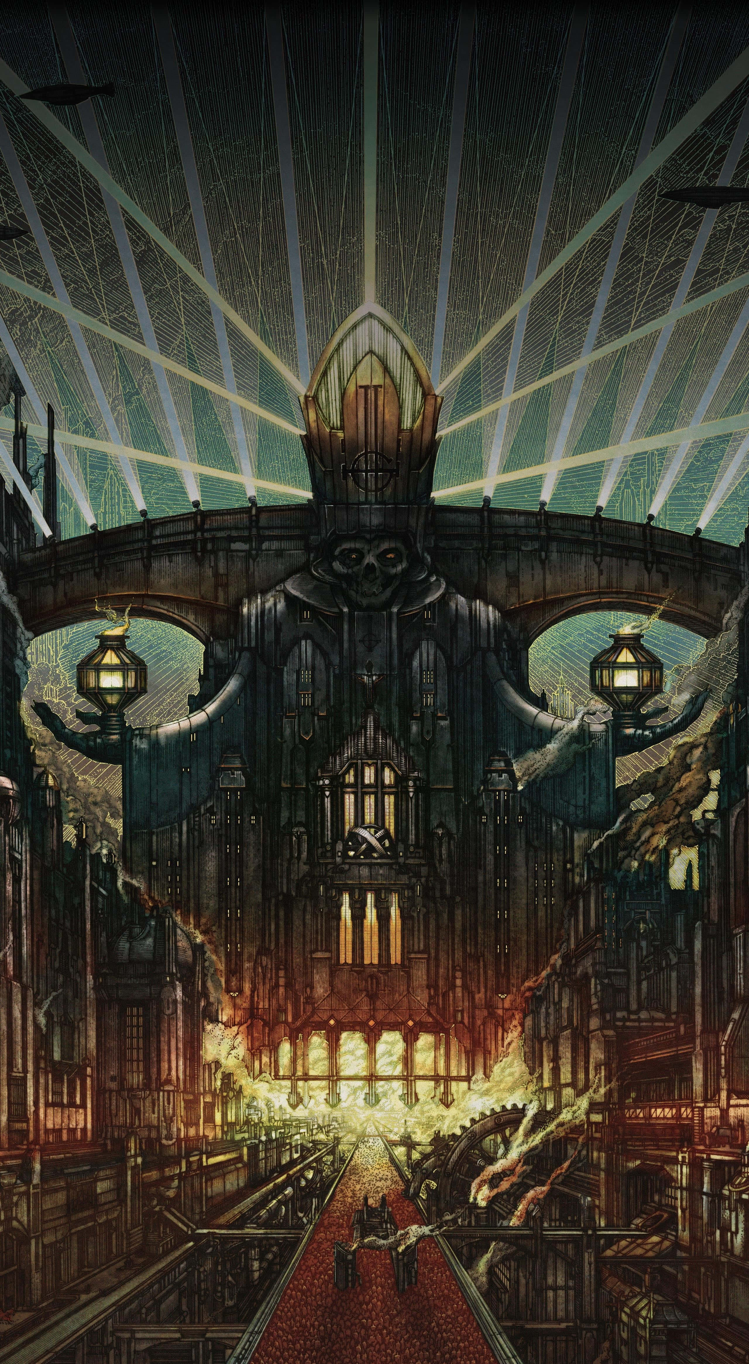 Ghost Band, skeletal cathedral, fiery city street, 4K Phone Wallpaper
