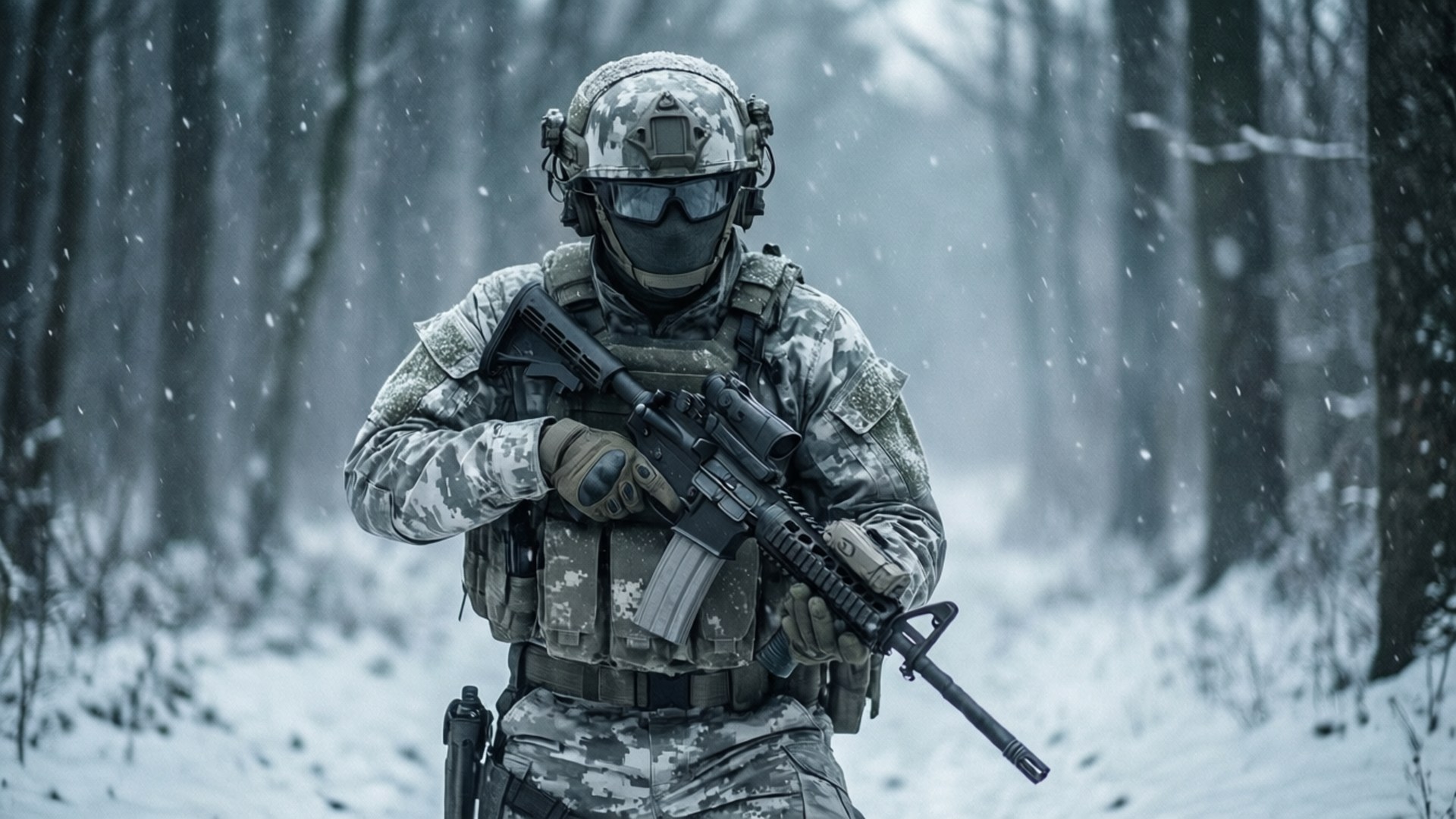 Ghost, winter warfare, snowy forest, Full HD Desktop Wallpaper