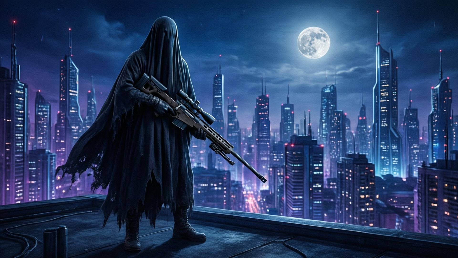 Ghost, neon-lit city, rooftop, Full HD Desktop Wallpaper